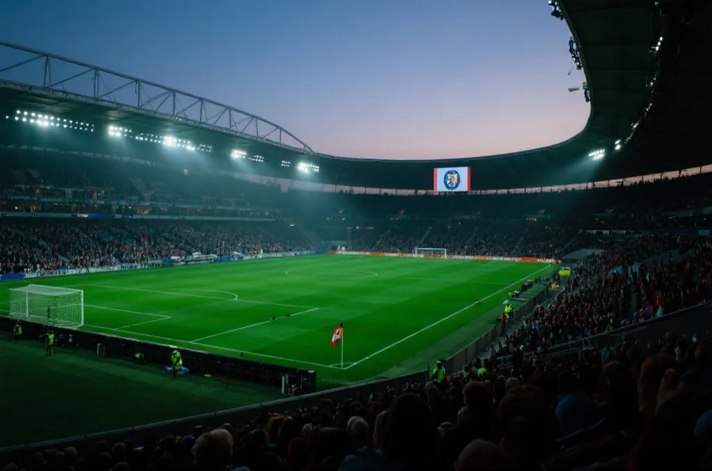 An atmospheric, modern football stadium filled with crowd lights at dusk, no logos, focusing on the green pitch and generic flags, editorial photography